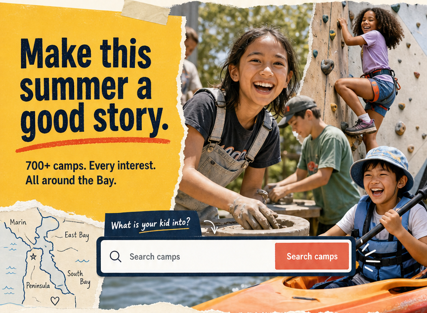 Kids making pottery, rock climbing, and kayaking beside a hand-drawn Bay Area map
